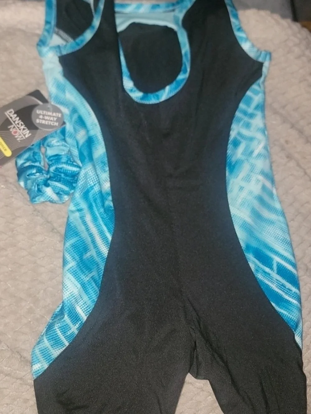 Danskin Black and Blue Athletic One-Piece Gymnastic Outfit with Scrunchie Sizexs